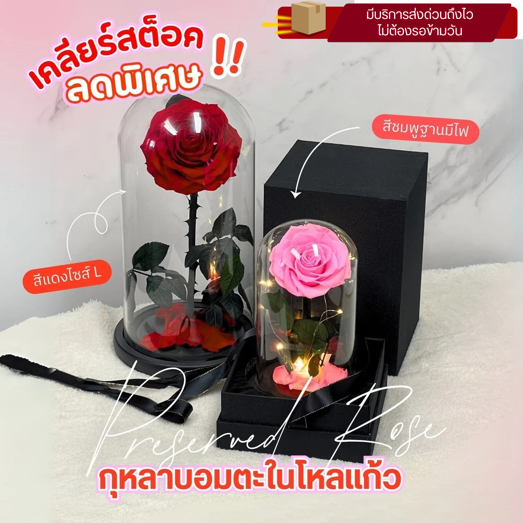 (ส่งด่วน) เคลียร์สต็อค กุหลาบอมตะในโหลแก้ว ลดพิเศษสุดๆ Preserved Rose ทำจากกุหลาบจริง ฟรี กล่องโบว์ถุง ครบเซ็ต