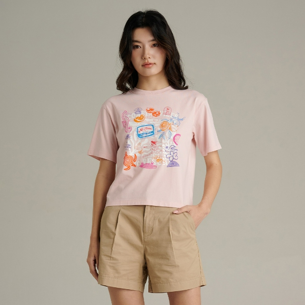 Mc JEANS (แม็คยีนส์) เสื้อยืดผู้หญิง เสื้อยืดแขนสั้น ทรงครอป สีชมพู (Mc Resort Collection) MTTZB34