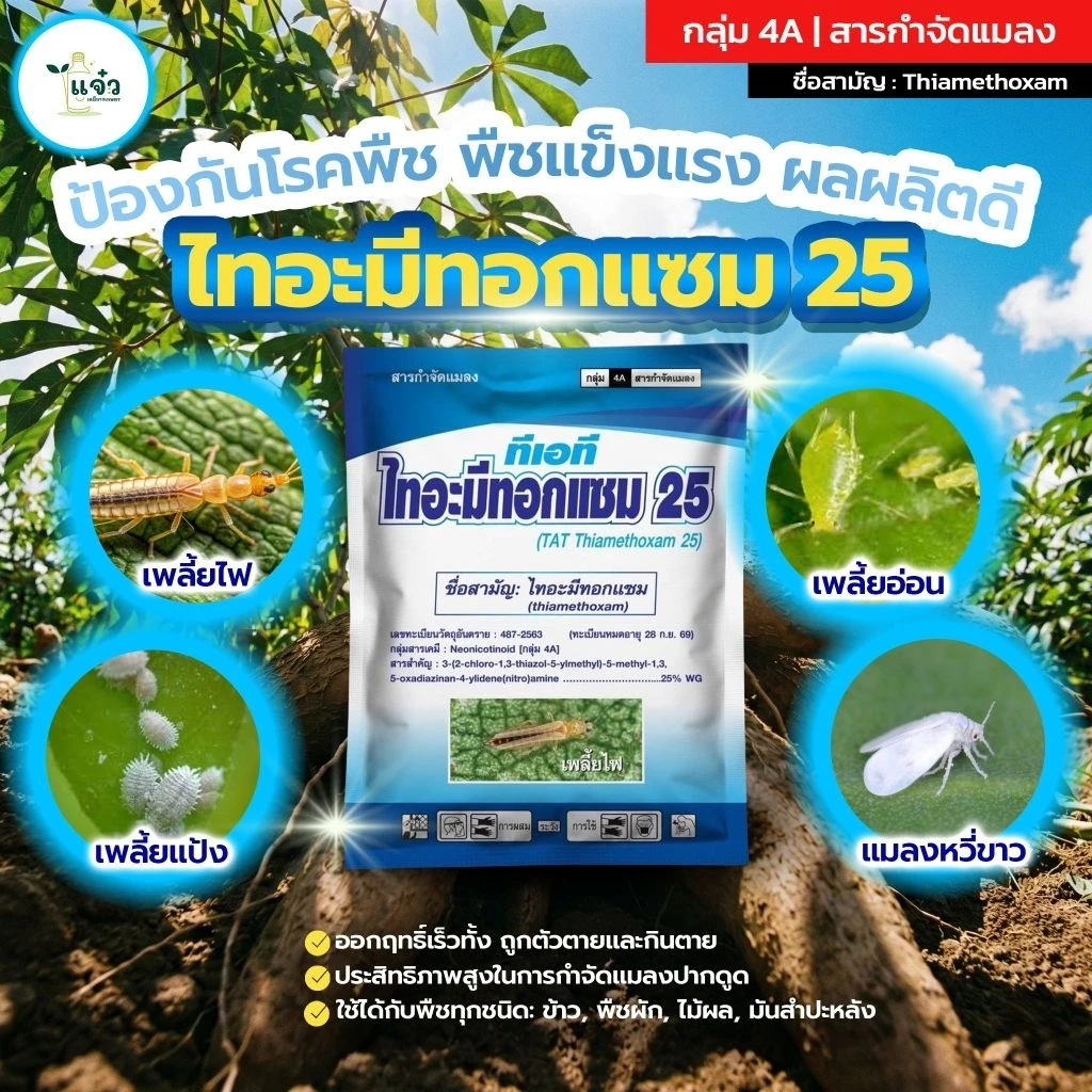 ไทอะมีทอกแซม ขนาด 1 กิโลกรัม ใช้กำจัดแมลง เพลี้ยอ่อน เพลี้ยไฟ เพลี้ยกระโดดสีน้ำตาล เช่น ข้าว ข้าวโพด ผัก ไม้ผล และ