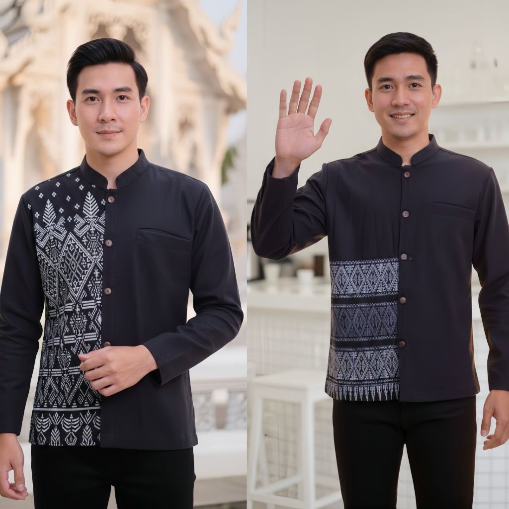 เสื้อลายไทยผู้ชายทูโทนแขนยาว เนื้อผ้าฝ้ายพิมพ์ลายหมักโคลน โทนสีดำ แถม!!ถุงใส่แก้วน้ำ