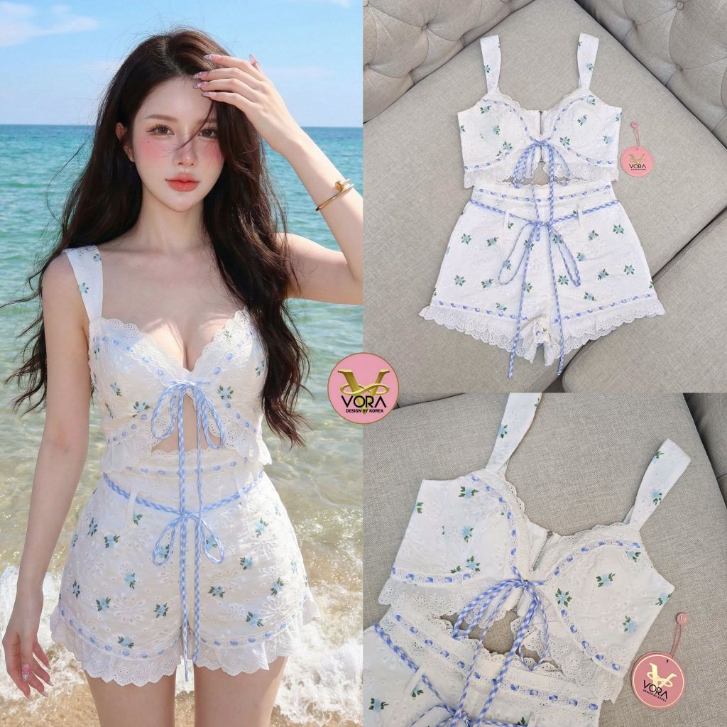 [VORA] Set เสื้อสา​ยเดี่ยว​ แต่งเว้าช่วงอกแต่งระบายลูกไม้ ผูกโบว์ด้านหน้า แมทช์​กับกางเกงขาสั้น