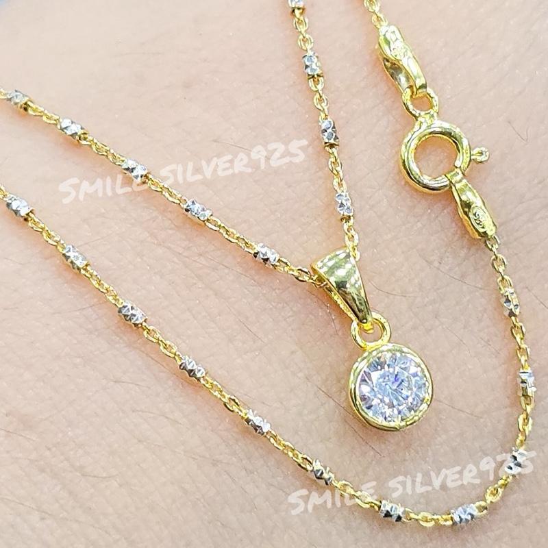 พ33 สร้อยคอ ลายคูเปอร์ 1.4x1mm. จี้กลม 5mm. เงินแท้ 92.5% ชุบ2กษัตริย์