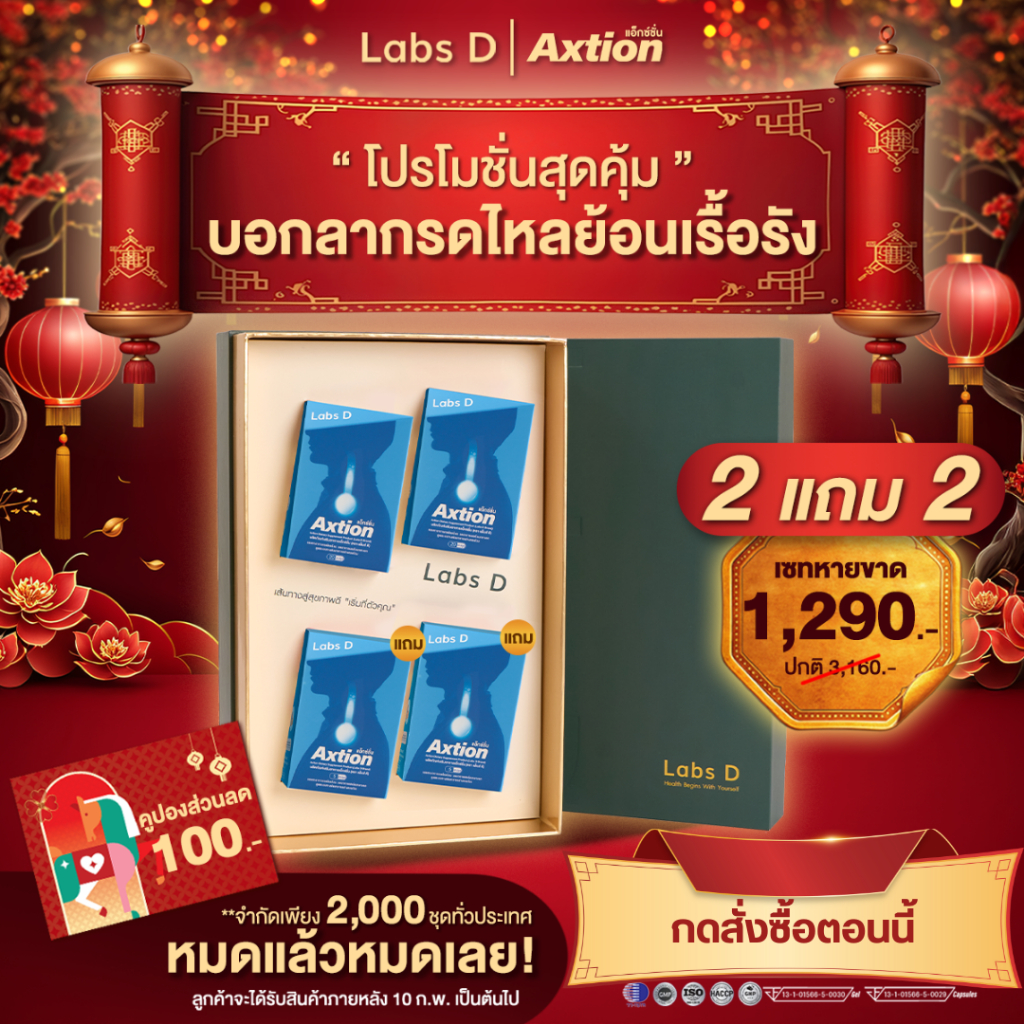 ตะกร้าของขวัญ ตรุษจีน [2 แถม 2] Axtion Cap  โปรโมชั่น 50 แคปซูล แอกซ์ชั่น ผลิตภัณฑ์เสริมอาหารกรดไหลย