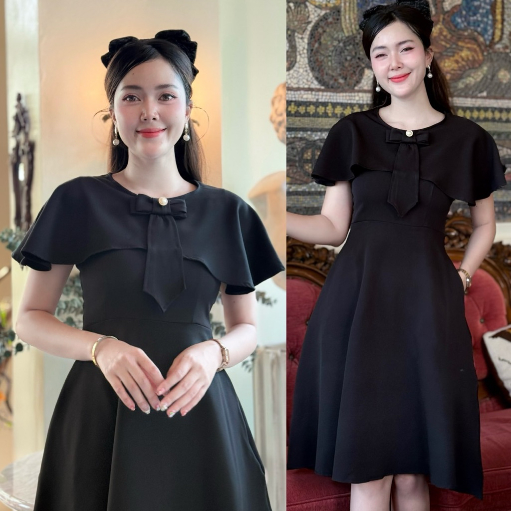 D22 เดรสแต่งปกระบาย กระโปรงบานสีดำ มีกระเป๋า (ยาว 39-40“)