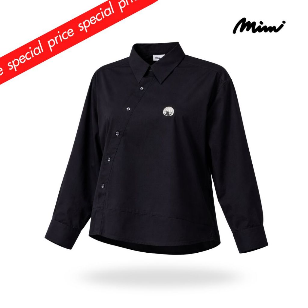 Mimi เสื้อเชิ้ต แขนยาว สีดำ ทรงโอเวอร์ไซส์ สาบหน้าทรงเฉลียง AT5IBL