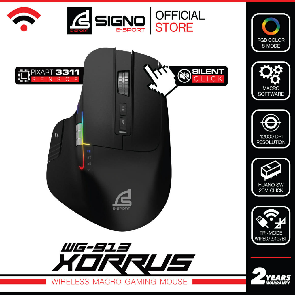 SIGNO WG-913 เมาส์เกมมิ่งไร้สาย Wireless Gaming Mouse มาโคร 12,000 DPI ไฟ RGB คลิ๊กไม่มีเสียง เชื่อมต่อ 3 ระบบ