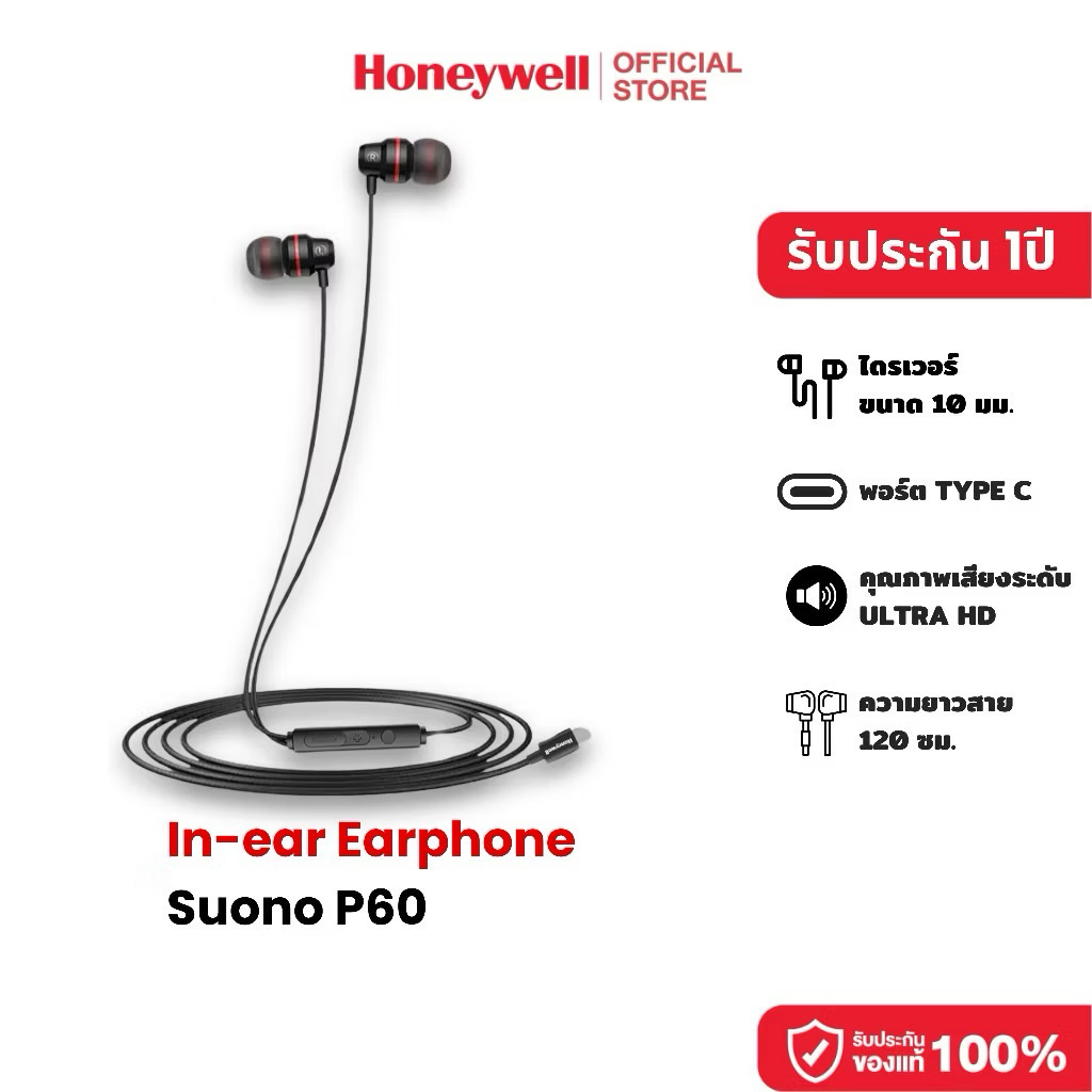 (มือ1 กล่องซีล ร้านMallขาย390)Honeywell Suono P60 Wired Earphones Type C หูฟังอินเอียร์ ไมโครโฟนตัดเ