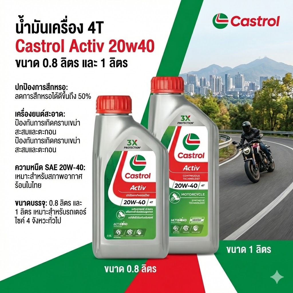 น้ำมันเครื่อง Castrol Activ 4T 20w40 ขนาด 0.8 และ 1 ลิตร