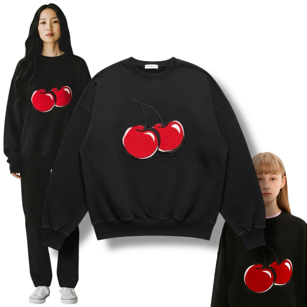 เสื้อไหมพรม Kirsh Cherry Sweatshirt ลายเชอร์รี่ใหญ่ (Big Cherry) สีดำ ไซส์ XL อก 54" สไตล์เกาหลี สภา