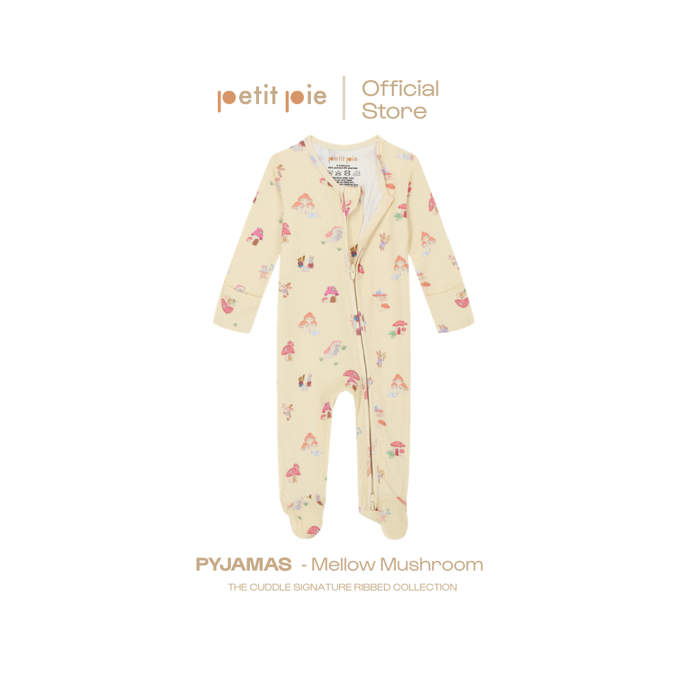 Ribbed Sleepsuit - Mellow Mushroom ชุดนอนซิปใยไผ่ธรรมชาติ ผ้าเส้นนูนสลับร่อง ระบายอากาศได้ดี รับรองโดย OKEO-TEX