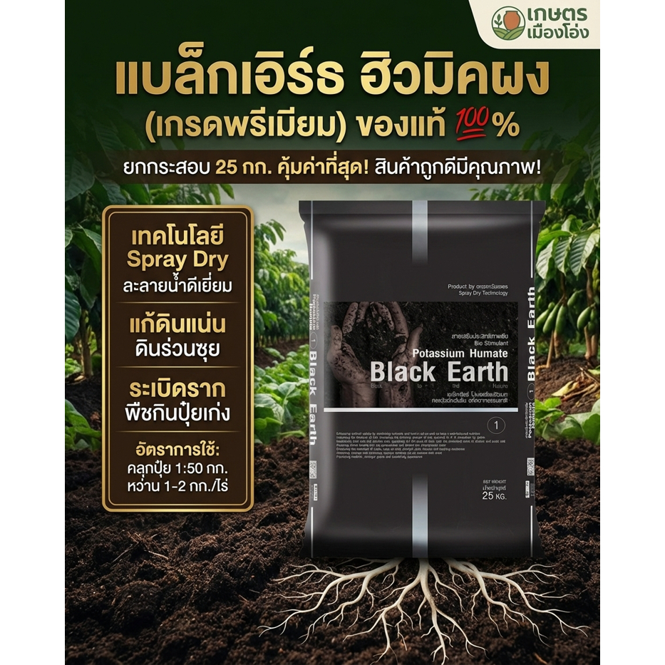 ยกกระสอบ แบล็กเอิร์ธ Black Earth ฮิวมิกผง พรีเมียมฮิวมิก แบบสเปรย์ดรายละลายน้ำได้ง่าย 25กก