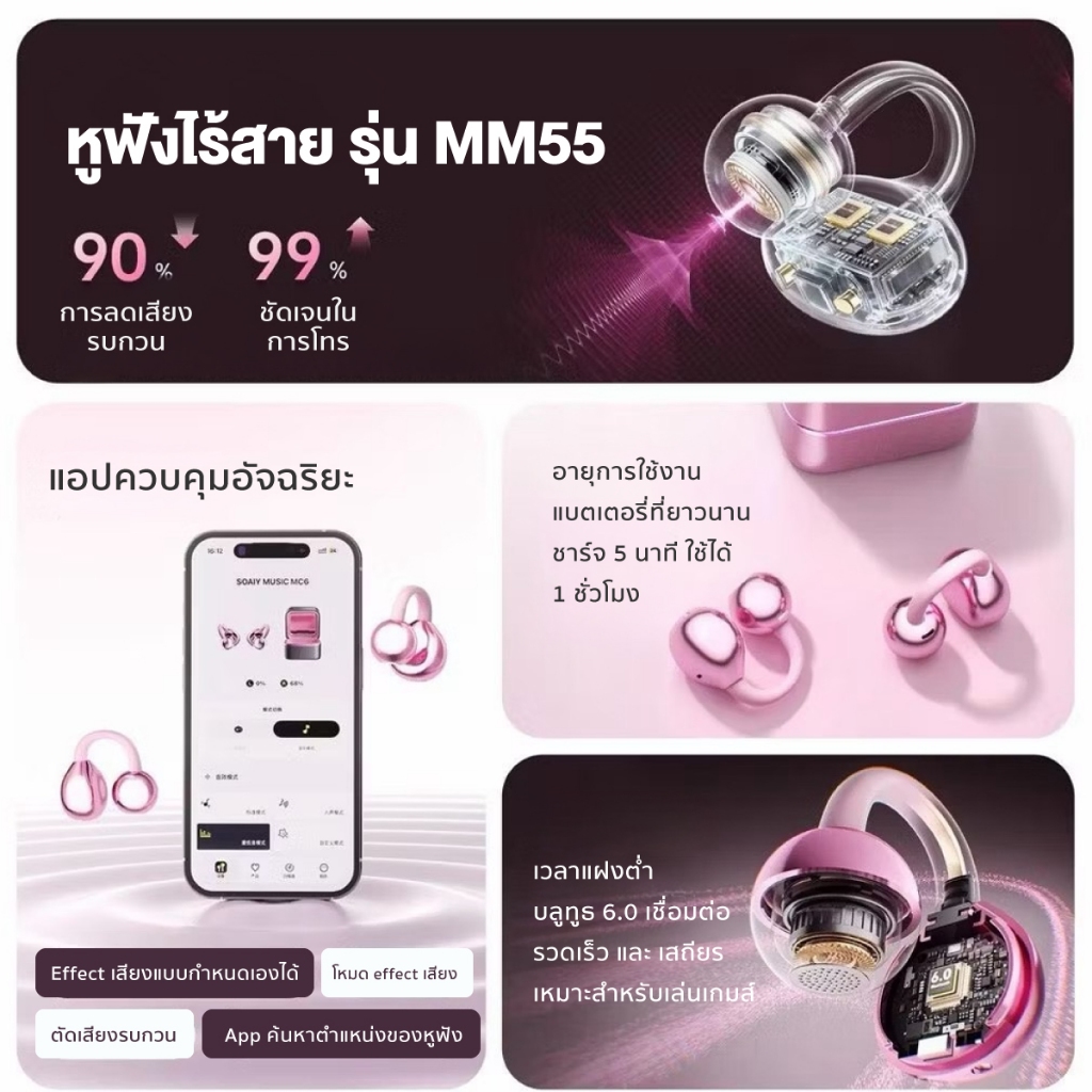 หูฟังคลิปหู หูฟังไร้สาย Bluetooth 6.0 ไม่เจ็บหู สวมใส่สบาย เสียงดี เบสแน่น มีกระจก LED ในตัว กระจกแต่งหน้า ราคา ถูกที่สุด ดีลบีเคเค แกลเลอรีภาพที่ 6