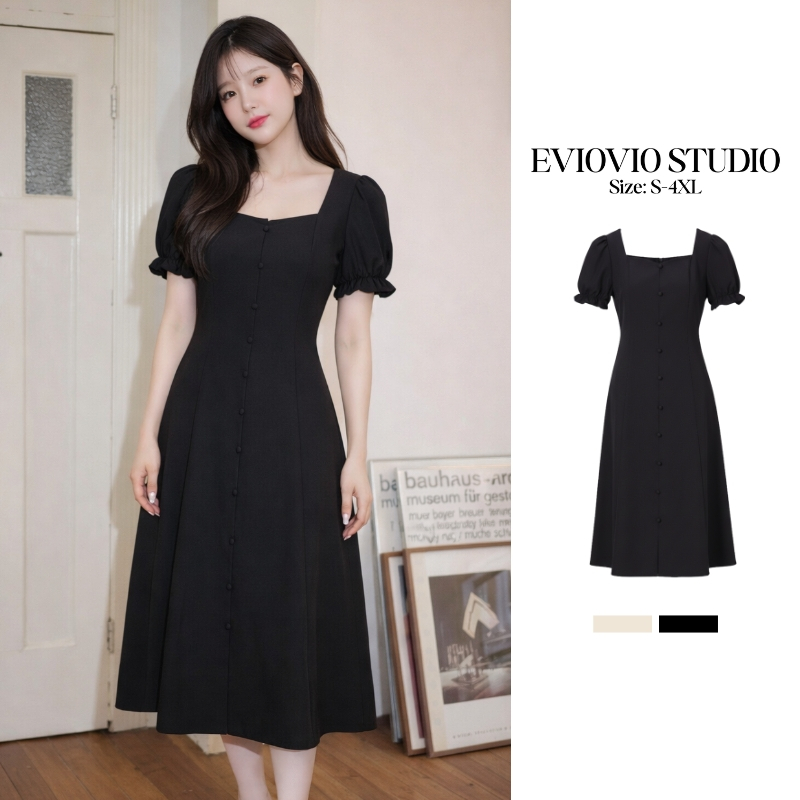 EVIOVIO【S-4XL】เดรสคอเหลี่ยมแขนตุ๊กตาดีไซน์เกาหลี ทรงสอบเข้าใจช่วยพรางหุ่นให้ดูเพรียว ชุดทำงาน ชุดสาวอวบ พร้อมส่งในไทย🎉