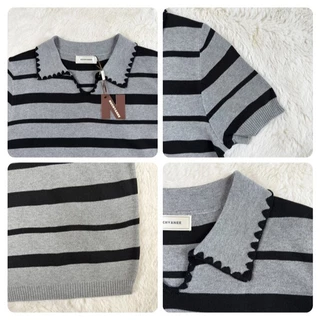 (T938)งานเสื้อไหมพรมคอปกรายริ้วผ้านิ่มมาก