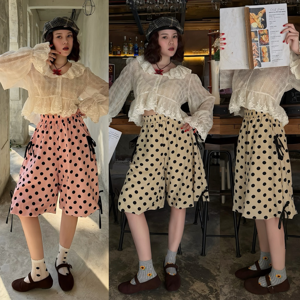 กางเกง4ส่วนบอลลูนแต่งเชือกผูกโบว์ มีซับในทุกสี ( เอว 24-38 ) ผ้าไหมญี่ปุ่นพิมพ์ลาย ใส่สบาย ไม่โปร่งแสง