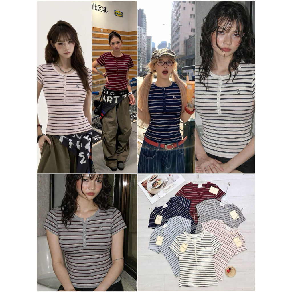 🌹 G-Rose 🌹new เสื้อคอกลมแขนสั้นดีเทลแขนเว้านิดๆผ้ายืดลายริ้ว กุ้นขอบ เนื้อผ้ายืดหนาพรีเมียมยืดได้เยอะ ติดอะไหล่💕