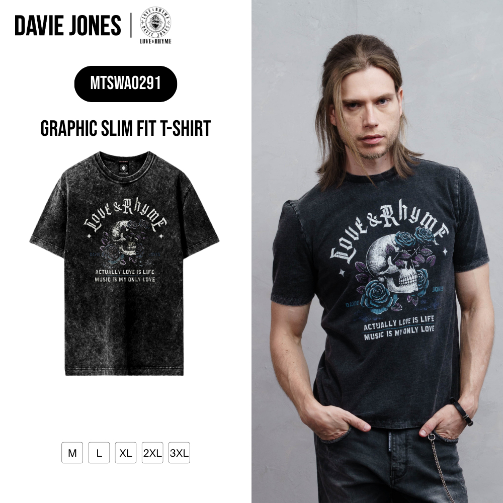 DAVIE JONES [ Love & Rhyme ] เสื้อยืด พิมพ์ลาย Graphic  Slim Fit T-Shirt WA0291 สีดำฟอก