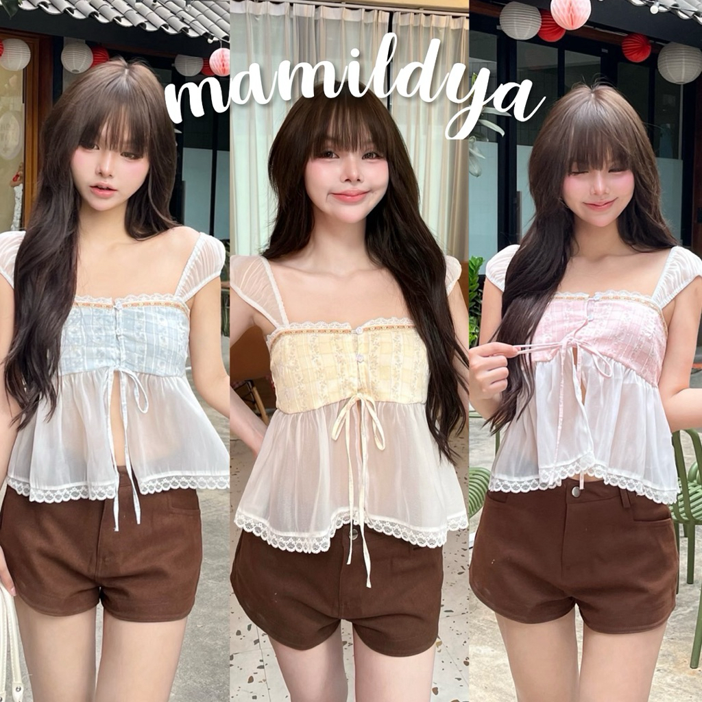🌟Mamildya.shop🌟 เสื้อสายเดี่ยว แต่งลูกไม้/ /NUSA-ผ่าบาง⚫