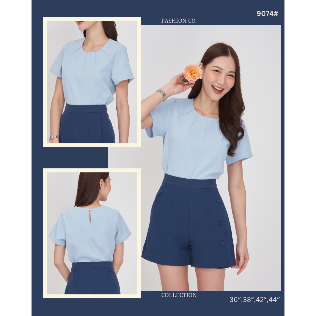 Laboratory 9074# เสื้อคอกลม เย็บตีเกล็ดด้านหน้า แขนสั้นสีพื้น ไซส์ 36,38,42