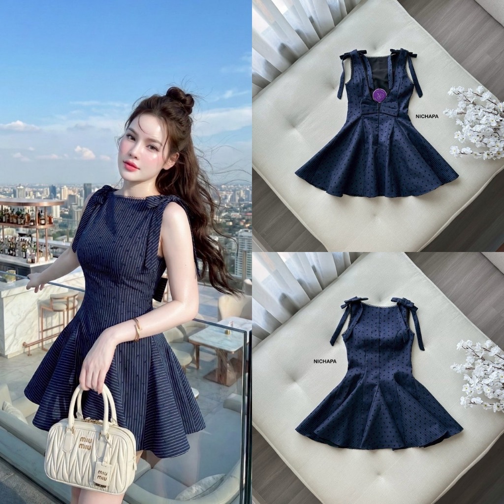 NICHAPA Dress เดรสสีกรมลายโบว์เล็ก(*สอบถามสต๊อกก่อนกดสั่งน๊า)