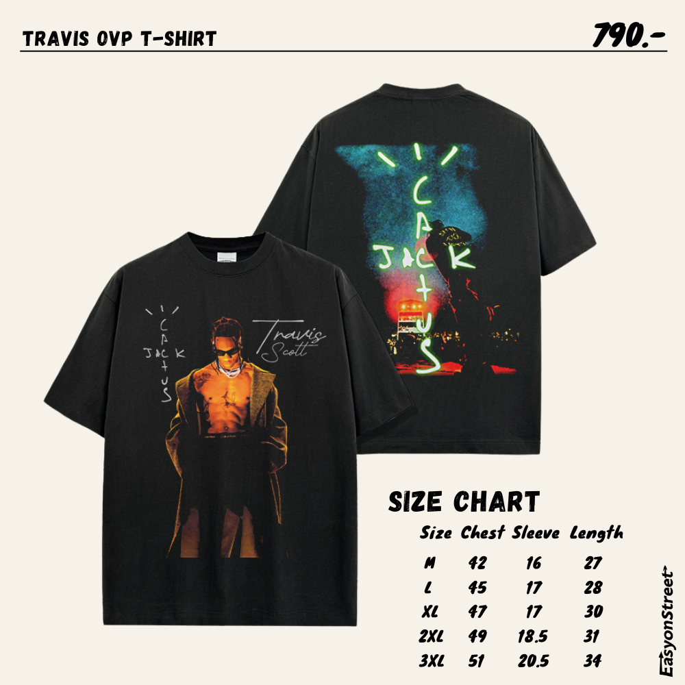 Travis OVP เสื้อยืดสกรีนลายTravis scott ผ้าคอทตอนแบบหนา สกรีนDTGจมเนื้อผ้า สีเข้มคมชัดลายอย่างเท่ สไตล์สตรีท ลายหน้าหลัง