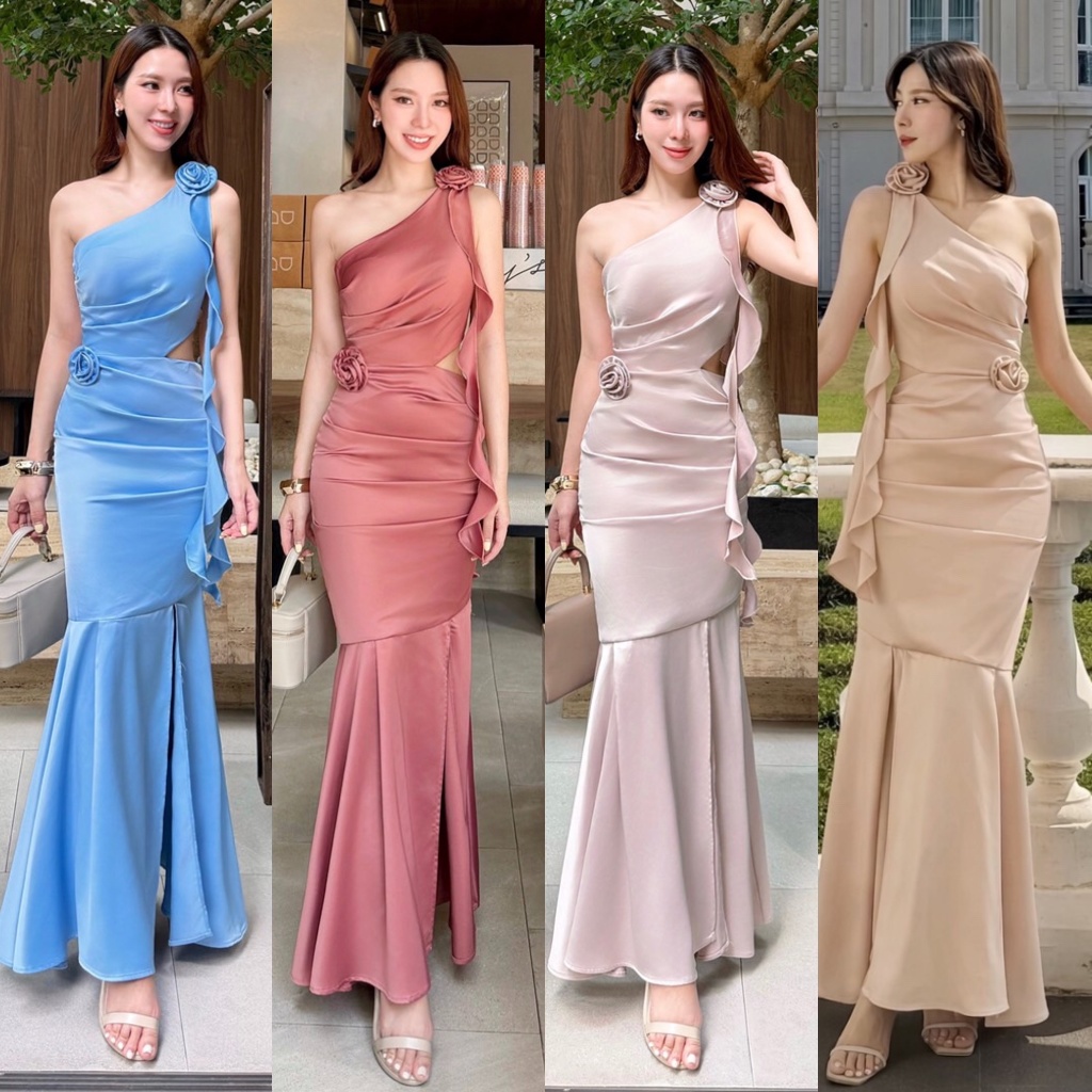 ร้านโค้ดคุ้ม STYLISTA เดรสยาว ปาดไหล่ข้างเดียว แต่งดอกกุหลาบ ใส่เที่ยว ออกงาน ออกเดท เพื่อนเจ้าสาว