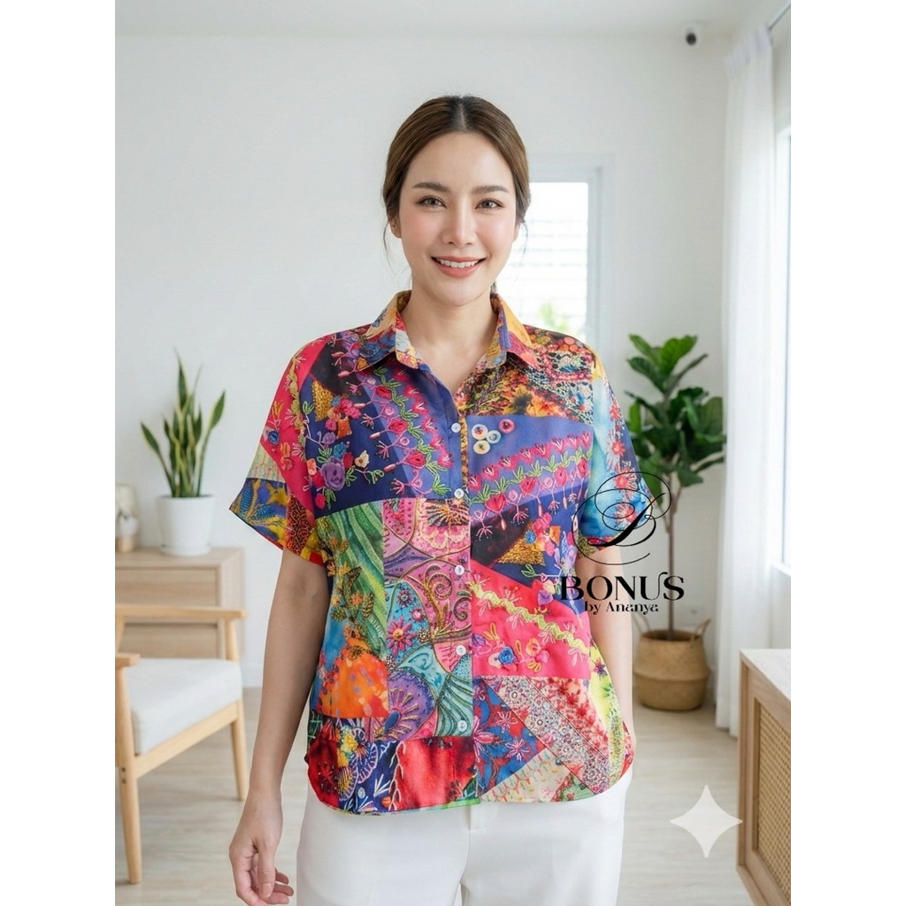 🔅Bonus🔅เชิ้ตไหมอินเดีย #พร้อมส่ง   เสื้อคอปกเชิ้ตแขนสั้นผ้าไหมอินเดีย กระดุมหน้าแขนในตัวชายโค้ง