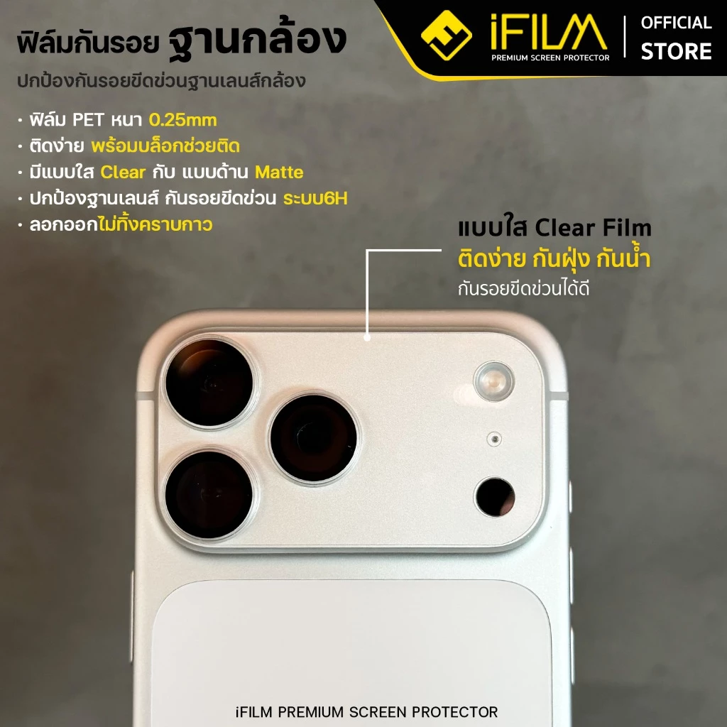 [Official] iFilm ฟิล์มกันรอย ฐานกล้อง + บล็อกช่วยติดตั้ง ติดง่าย For iPhone 17promax 17 pro 16 15 14 มี ผิวใส / ด้าน PET thumbnail 9