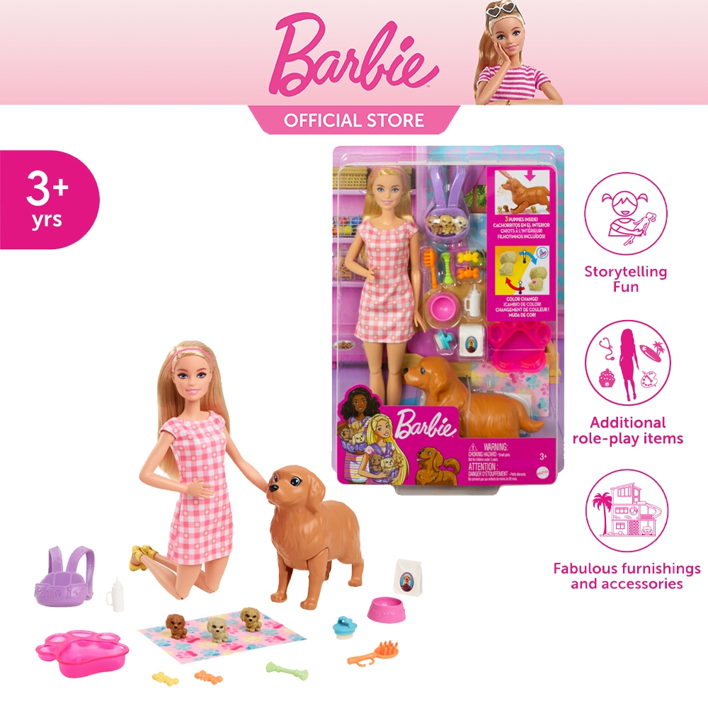 Barbie Doll Newborn Pups Playset Blonde Doll, Mommy Dog And Puppie บาร์บี้ เพลย์เซตตุ๊กตาดูแลแม่หมาและลูกหมา HCK75 CH