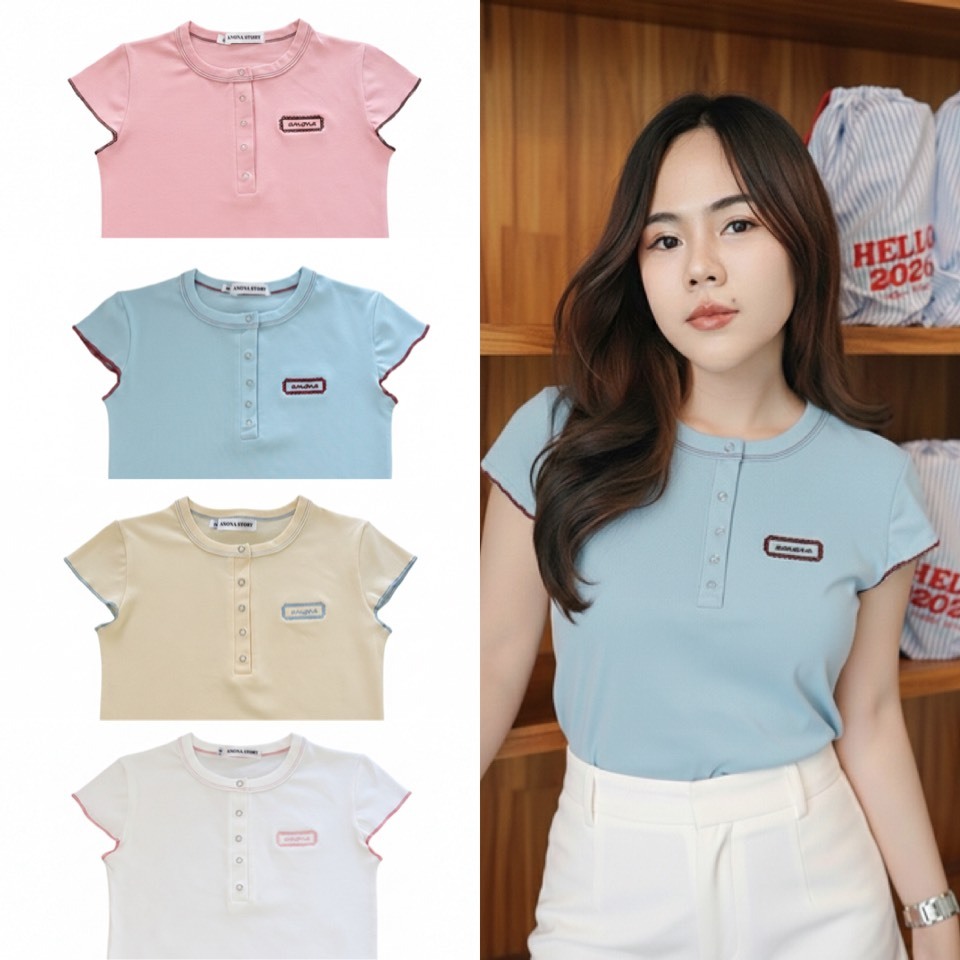 LAMUN เสื้อยืดผ้ายูสีพาสเทล กระดุมกระดุมสแน๊ป