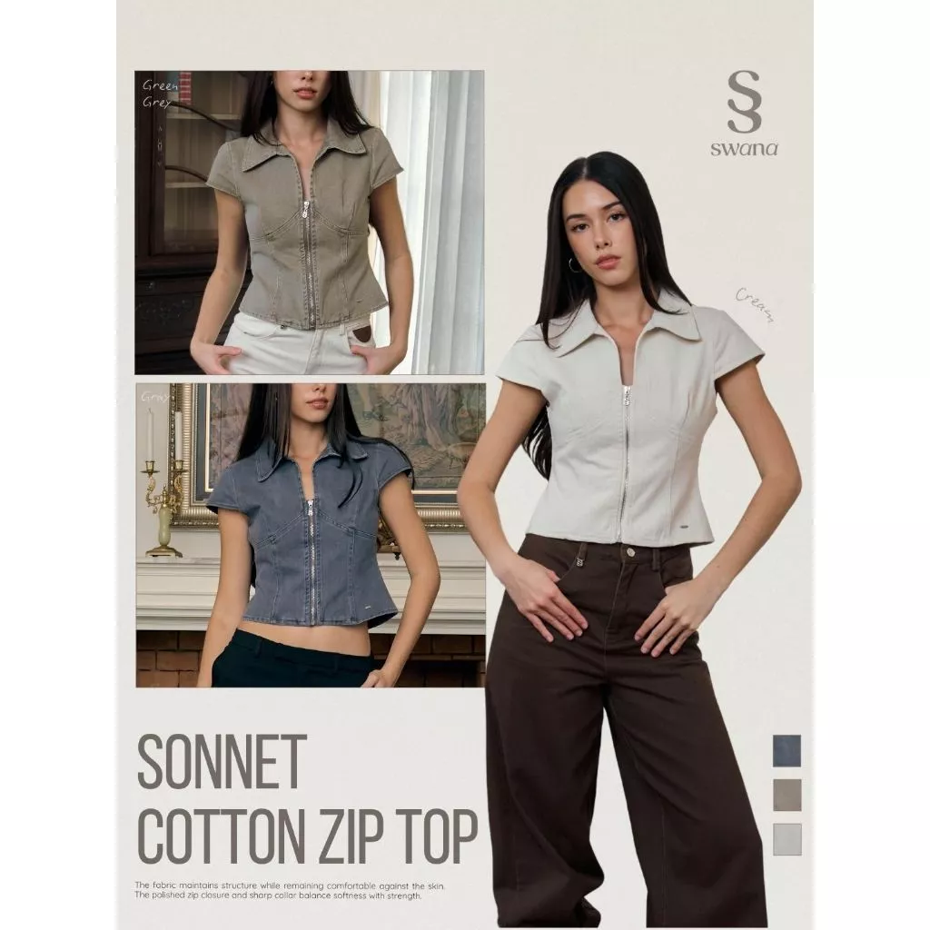 Swana.ss - Sonnet cotton zip top [ชอน-เน็ต] XS-3XL แค่เสื้อ เสิ้อแขนสั้น คอปก