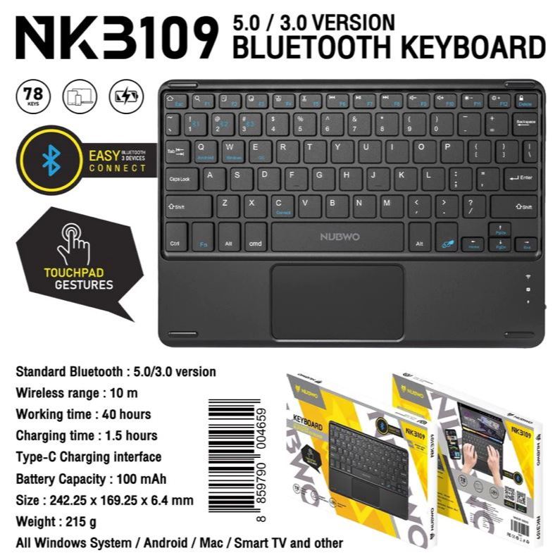 NUBWO รุ่น NKB109 Keyboard Bluetooth คีย์บอร์ดไร้สาย คีย์บอร์ด ใช้ได้ทั้ง IOS / Android ของแท้100%  