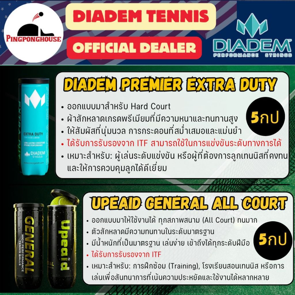 (5กป) ลูกเทนนิส DIADEM PREMIER EXTRA DUTY และ Upeaid General All Court  ใช้แข่งได้ซ้อมได้ I ร้านปิงปองเฮาส์