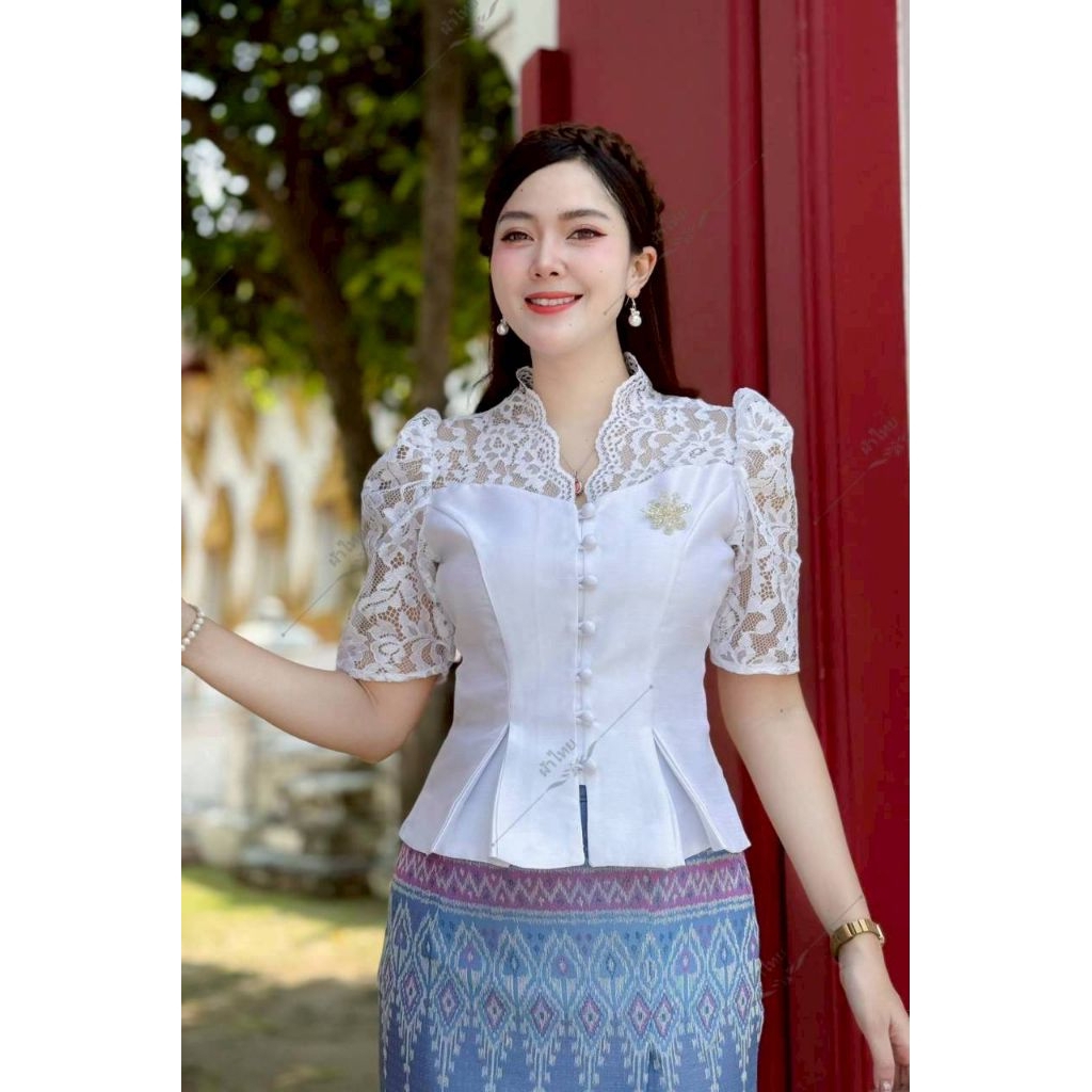 เสื้อไทยประยุกต์ ไหมสี่เส้นแต่งแขนลูกไม้ ไซส์32-44"