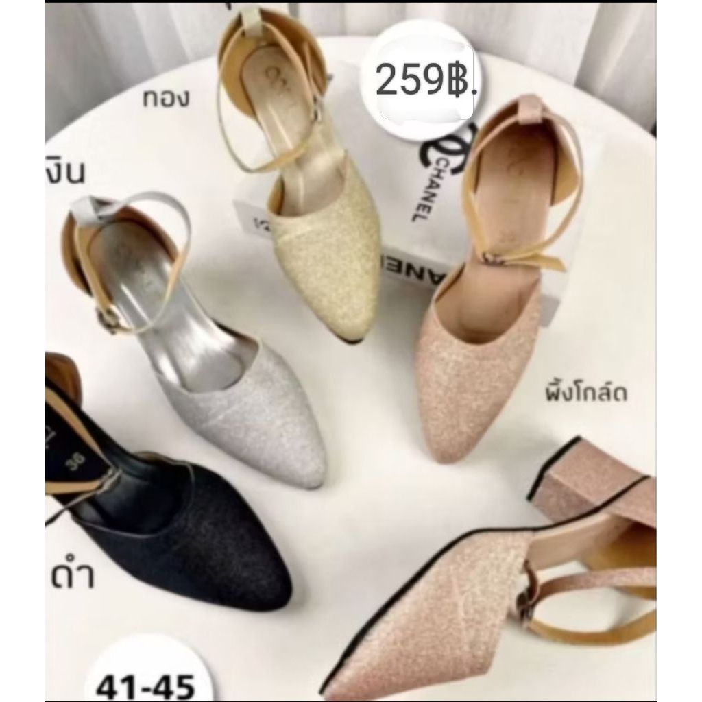 รองเท้าไซส์ใหญ่🌸ปิดหน้ารัดส้นสูง2นิ้วกากเพชร41-45(Oopsi)
