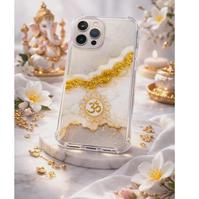 เคสสีขาวทองพีชเรียบหรูลายหินอ่อน เครื่องรางสัญลักษณ์โอม สำเร็จ มั่งคั่ง ร่ำรวย