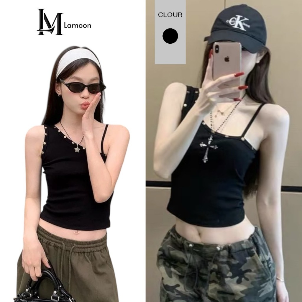 Lamoon【พร้อมส่ง】เสื้อครอปสายเดี่ยวแต่งหมุด สีดำสไตล์เท่ #A141