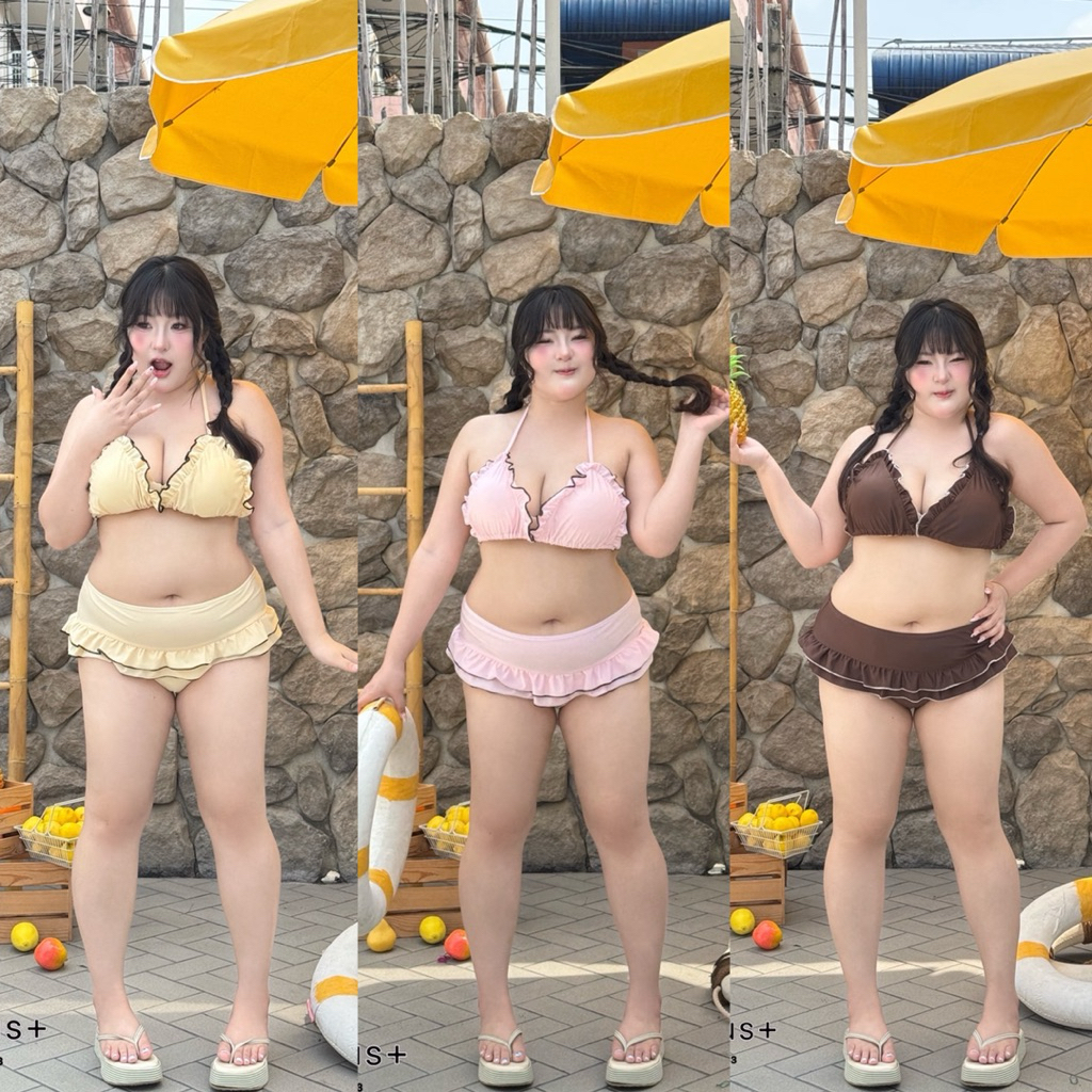 (WR) บิกินนี่ 2 ชิ้น บรามีฟองน้ำ+กางเกงทรงระบาย น่ารัก ใส่ลงน้ำได้จริง หวานมากๆ เสื้อผ้าสาวอวบอ้วน พลัสไซส์ ไซส์ใหญ่