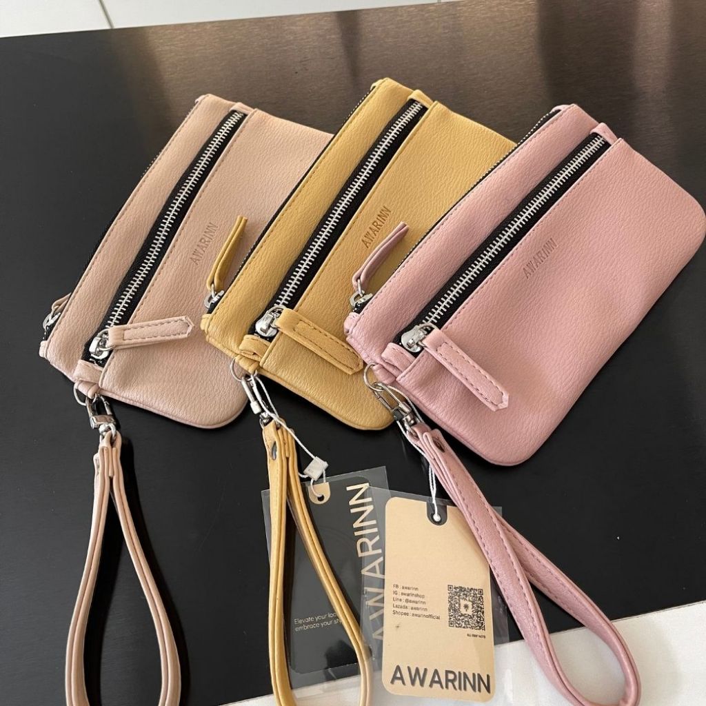 AWARIN Purse-1 กระเป๋าสตางค์ ขนาดกลาง2ช่องซิป พร้อมสายคล้องมือ ใส่มือถือได้ 6สีพร้อมส่ง