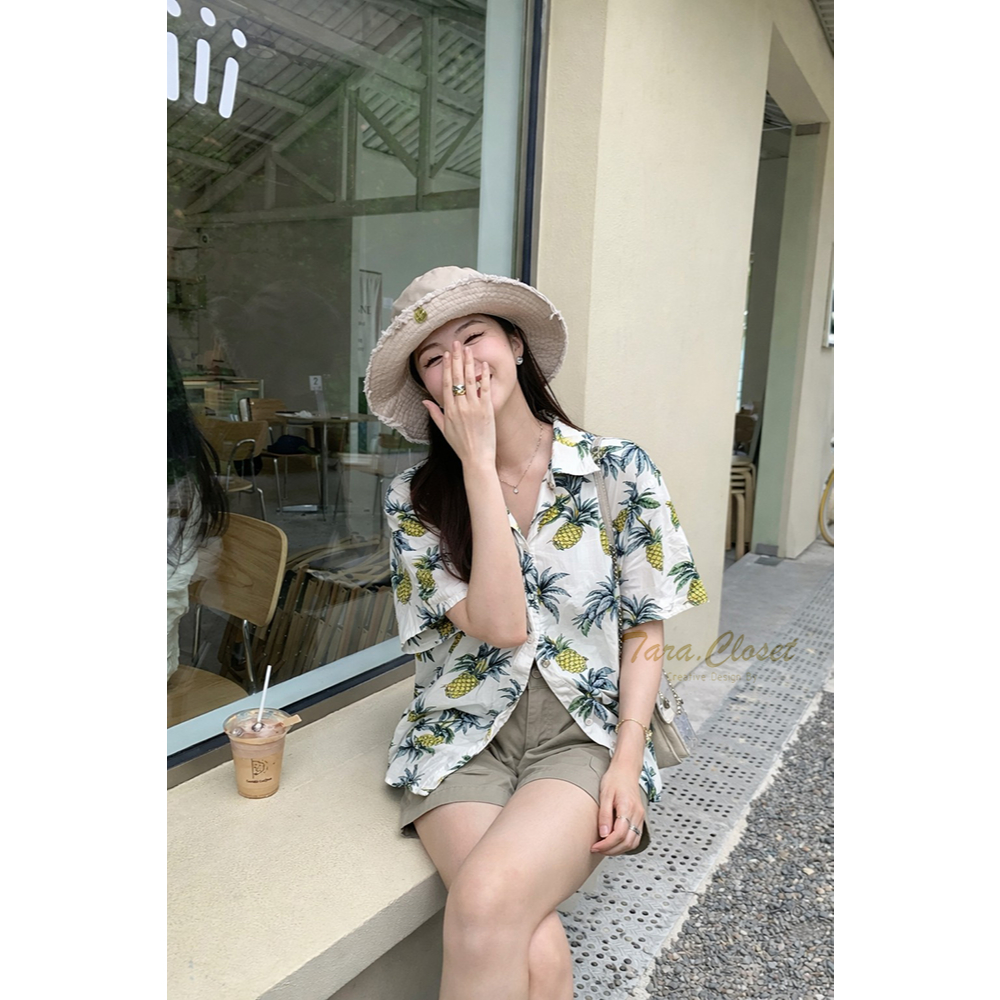 S001 TARA Shirt Span เสื้อเชิ้ตฮาวาย ลายสัปปะรด สงกรานต์ เนื้อผ้าสปัน ผ้านุ่ม ใส่สบาย ลายนี้ไม่มีเอ้าท์ รูปที่ 3