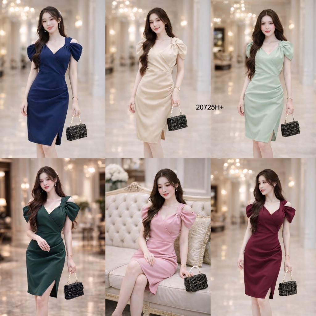 TT20725 เดรสเว้าไหล่ กระโปรงไขว้จีบ