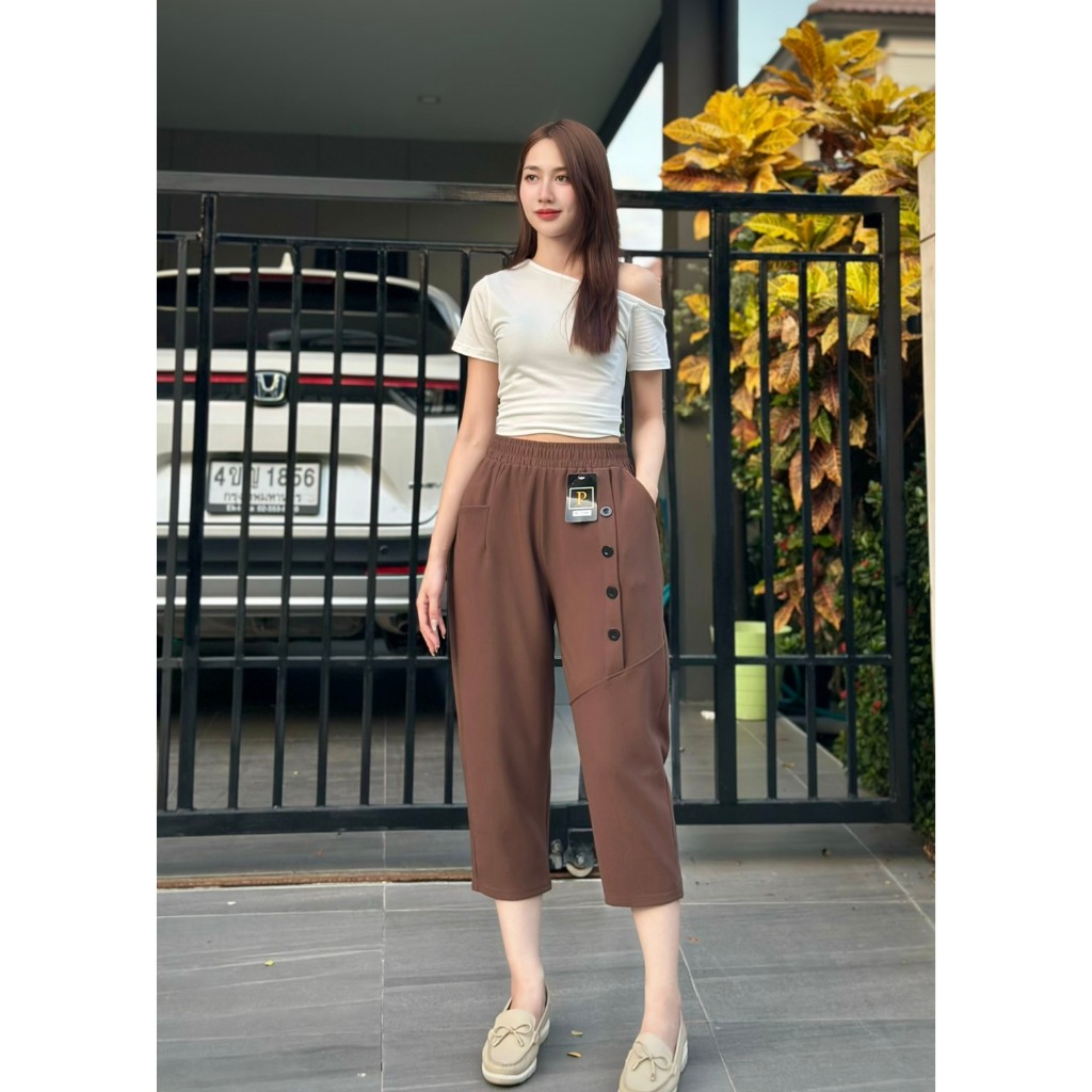 Z916GN กางเกงทรงวอลุ่มผ้ายืดเอวฟรีไซด์ได้ถึง 42 ขาแปดส่วนกระเป๋าด้านหน้าสองข้างแต่งกระดุมด้านหน้า