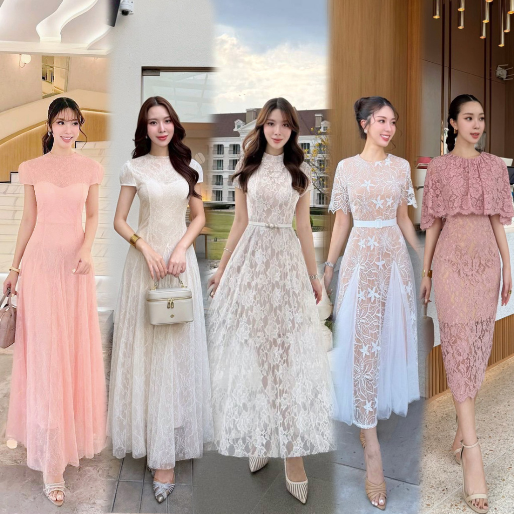 S-XXL✨ชุดลูกไม้สีขาว/ชมพู/ครีม/น้ำตาล  ชุดทำบุญ ชุดพรีเวดดิ้ง ชุดหมั้น ชุดไปงานแต่ง งานบวช #Abigail