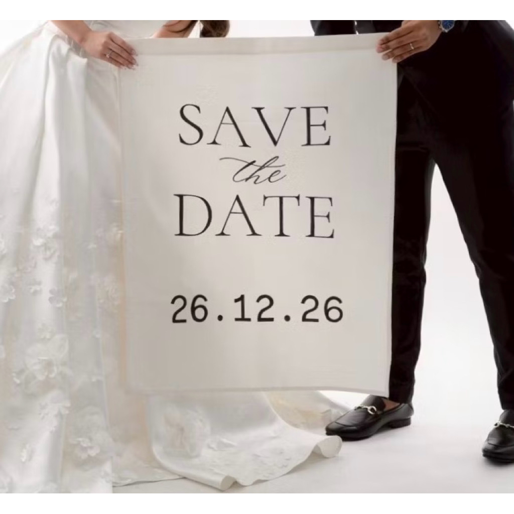 ป้ายพรีเวดดิ้ง SAVE THE DATE ผ้าดิบ ขนาด 50x70 ซม.
