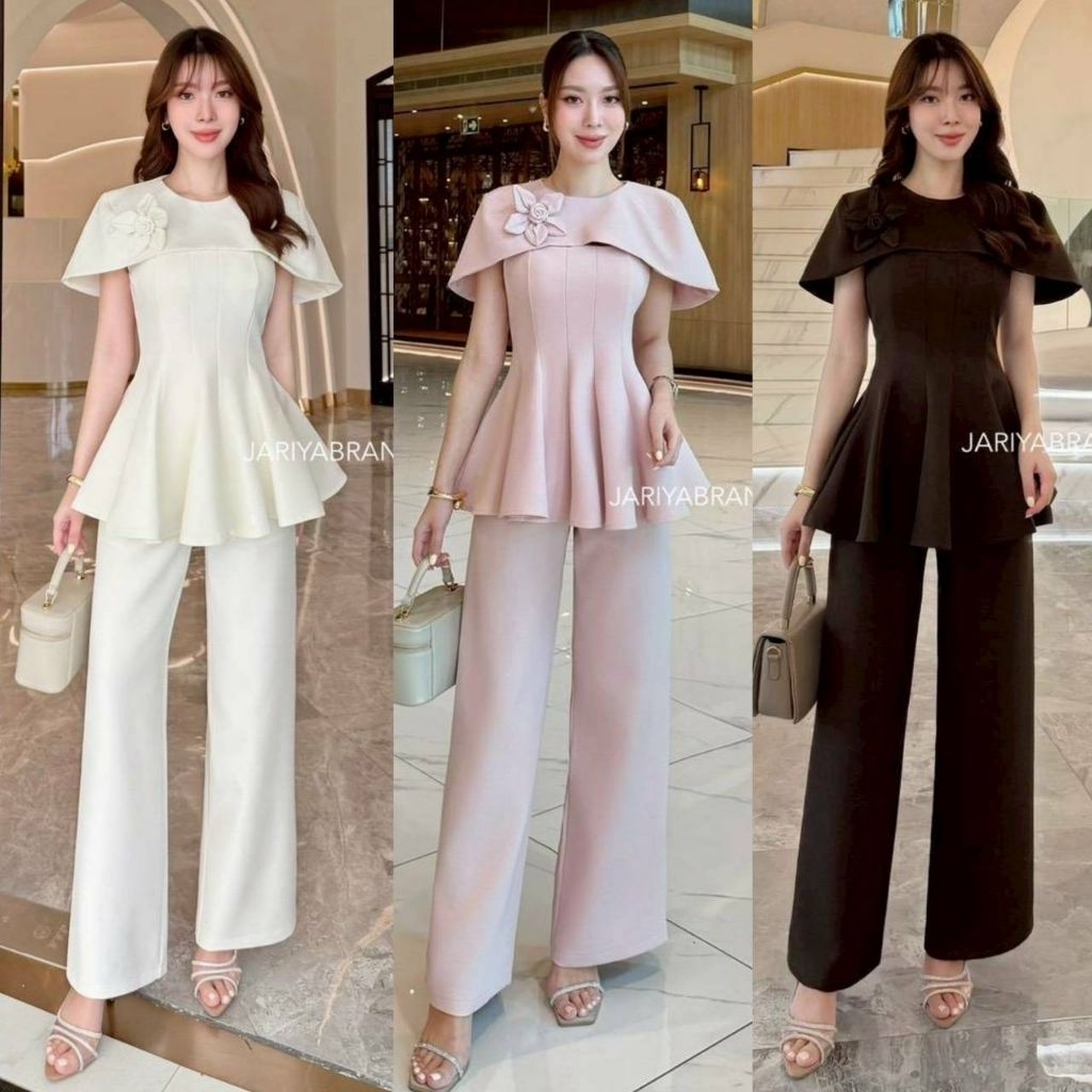 (S-XL)  Jariya ชุดเซ็ท4ชิ้นเสื้อสายเดี่ยวระบาย+คลุมไหล่+กางเกงขายาว+เข็มขัดดอกไม้