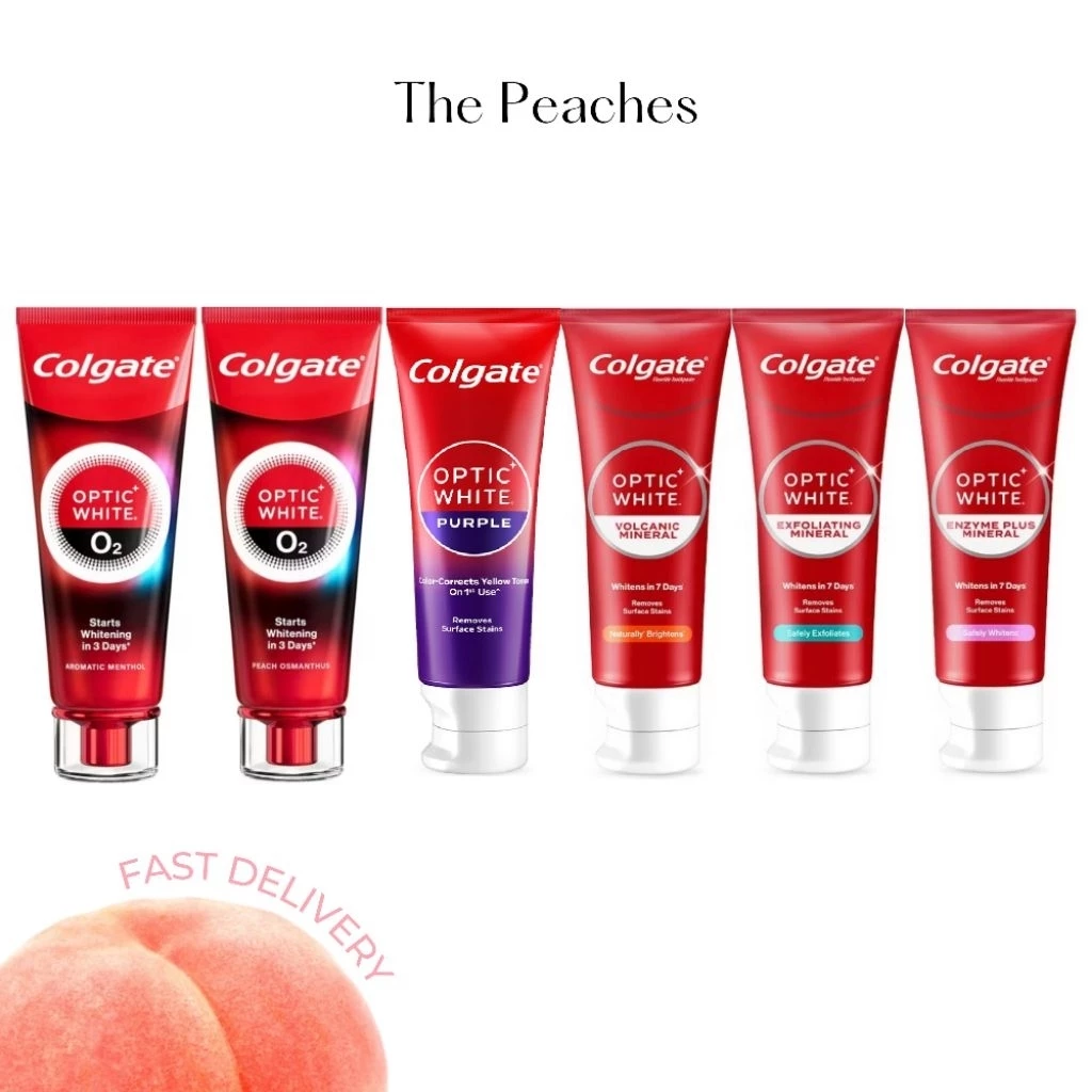 Colgate คอลเกต ยาสีฟัน ยาสีฟันม่วง ยาสีฟันพีช เมนทอล อ๊อคติก 100 กรัม Colgate Optic White O2 100g.