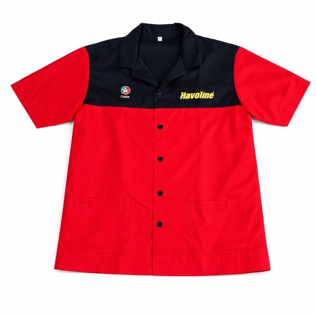 (เสื้อช้อป แดงดำ ) เสื้อเวิร์คช็อปชุดทำงาน (แขนสั้น) เสื้อแขนสั้น ทนต่อการสึกหรอและทนต่อสิ่งสกปรก