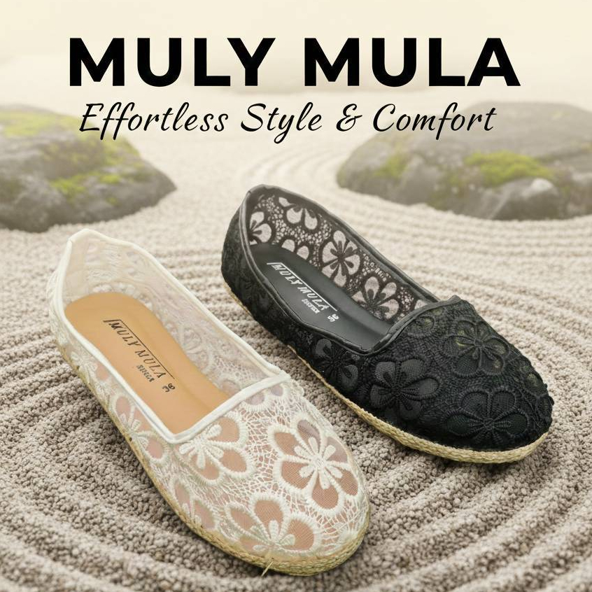 Muly Mula รองเท้าคัทชูผ้าลูกไม้ แนววินเทจ สำหรับใส่ทำงาน ใส่ลำลอง  สินค้ามีสต๊อก พร้อมส่งด่วนทุกวัน