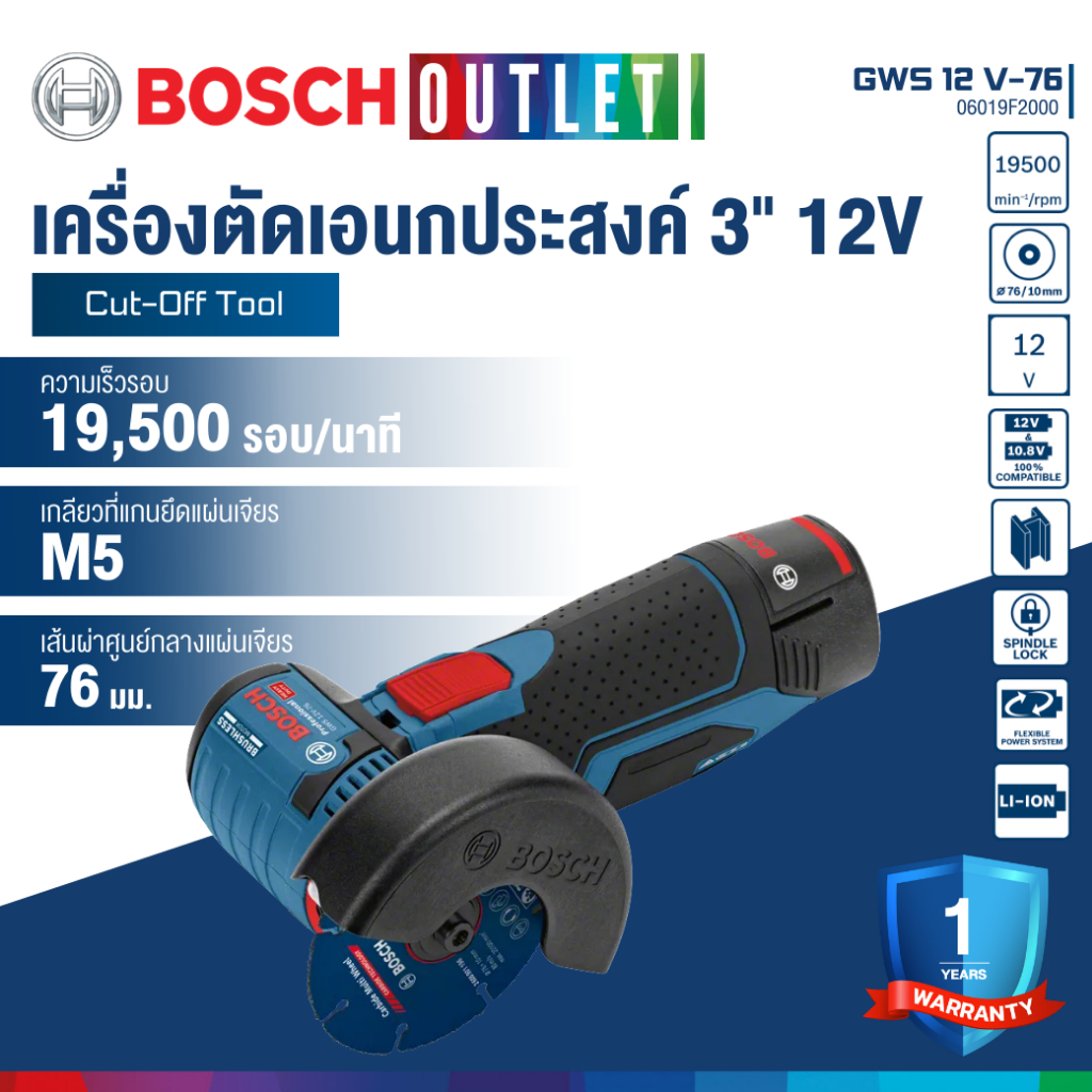 BOSCH GWS 12V-76 PROFESSIONAL เครื่องเจียรไฟฟ้าไร้สาย 3 นิ้ว (เครื่องเปล่า) #06019F2000