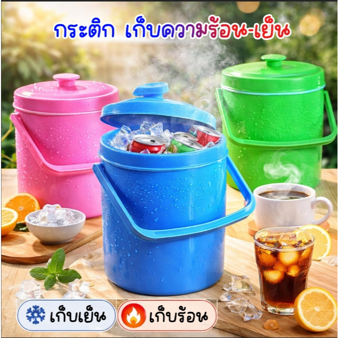 กระติกน้ำแข็ง กระติกน้ำพลาสติก ทรงกลม (สีหวานฝาจุก) ฝาปิดแน่น มีหูหิ้ว
